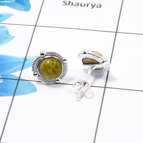 Connemara Marble Cab Stud Earring C - CME999 Round Solid 925 Sterling Silver Plain Stud Earring