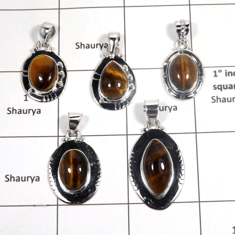 5 pcs Tiger Eye Pendant - A CPJ995 - Natural Brown Tiger Eye Gemstone Solid 925 Sterling Silver Wholesale Lots Pendant
