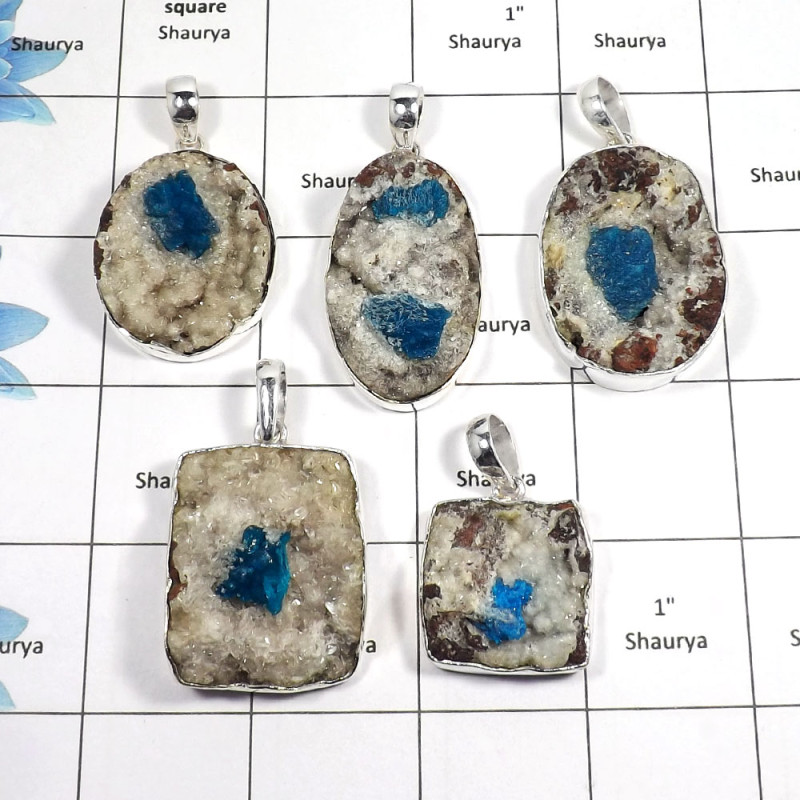 5 pcs Cavansite Druzy Pendant - B CPJ997 - Indian Company Made Solid 925 Sterling Silver Handmade Pendant 5 pcs Cavansite Druzy Pendant - B CPJ997 - Indian Company Made Solid 925 Sterling Silver Handmade Pendant