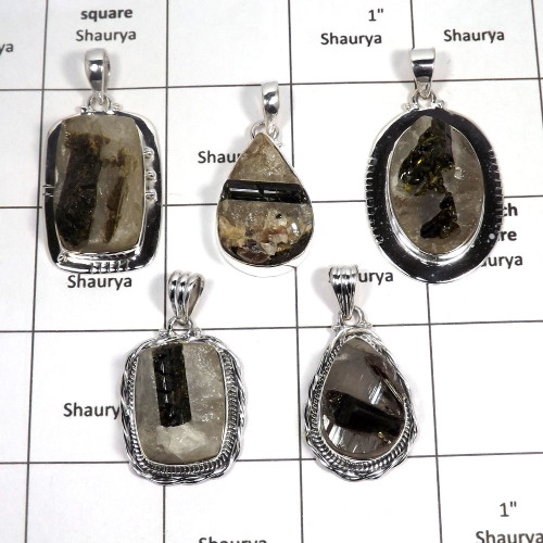 5 pcs Tourmaline Specimen Pendants - G CPJ998 - Natural Black Tourmaline Specimen 925 Sterling Silver Plain Setting Huge Pendant
