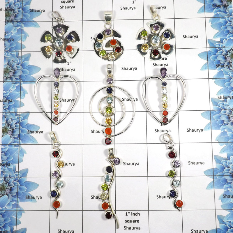 9 pcs Cut Chakra Pendants - D CPJ999 - Natural Multi Cut Gemstone 925 Sterling Silver Healing Chakra Pendant 9 pcs Cut Chakra Pendants - D CPJ999 - Natural Multi Cut Gemstone 925 Sterling Silver Healing Chakra Pendant