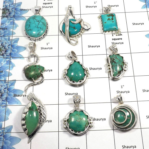 9 pcs Tibet Turquoise Pendants - O CPJ999 - Indian Factory Made Tibet Turquoise Stone 925 Sterling Silver Designer Pendant