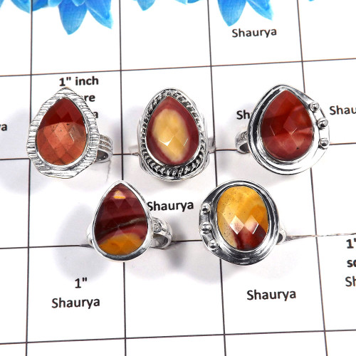 5 pcs Mookaite Rings - C CRJ004- Natural Red Mookaite Cut Gemstone 925 Sterling Silver Wholesale Lots Ring