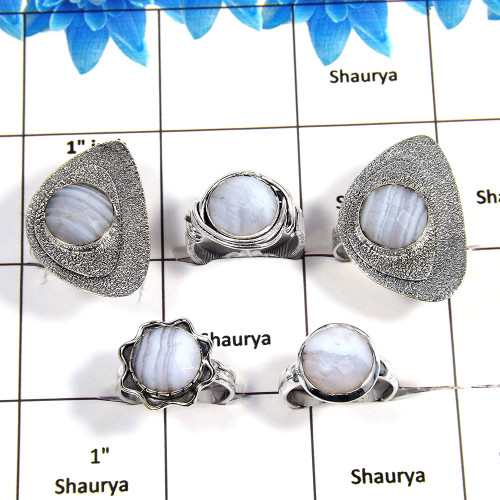 5 pcs Blue Lace Agate Rings - D CRJ004- Newly Arrival Blue Lace Agate Cut Stone Solid 925 Sterling Silver Handmade Ring