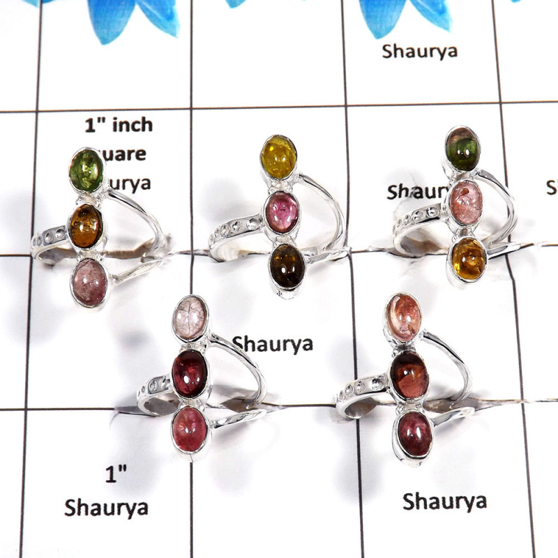 5 pcs Tourmaline Rings - G CRJ004- Natural Multi Color Tourmaline Gemstone 925 Sterling Silver Wholesale Ring