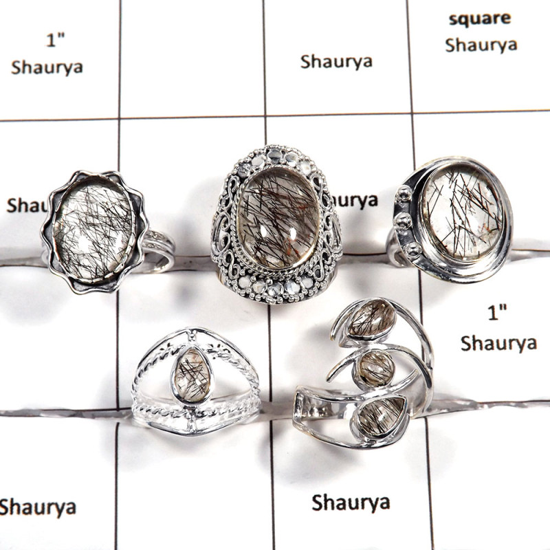 5 pcs Black Rutile Rings - C CRJ005 - Indian Company Made Solid 92.5% Sterling Silver Wholesale Lots Ring