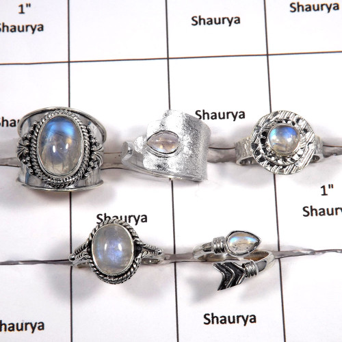 5 pcs Rainbow Moonstone Rings - E CRJ005 - Solid 925 Sterling Silver Natural Blue Fire Rainbow Moonstone Gemstone Designer Ring 5 pcs Rainbow Moonstone Rings - E CRJ005 - Solid 925 Sterling Silver Natural Blue Fire Rainbow Moonstone Gemstone Designer Ring