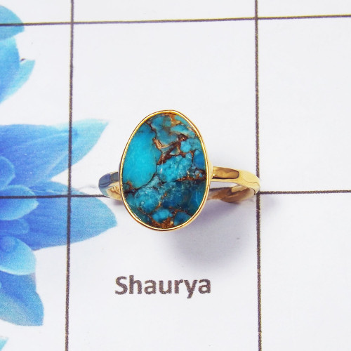 Mohave Blue Copper Turquoise J - BGR968-Light Weight Rings of 18crt Gold Plated 925 Sterling Silver