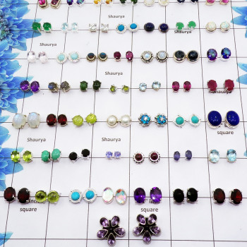 50 Pair Multi Cut Stud O - ECS50 - Assorted Mix Shape & Mix Stone 50 Pair Lots Stud Earrings Cut Gemstone 925 Silver