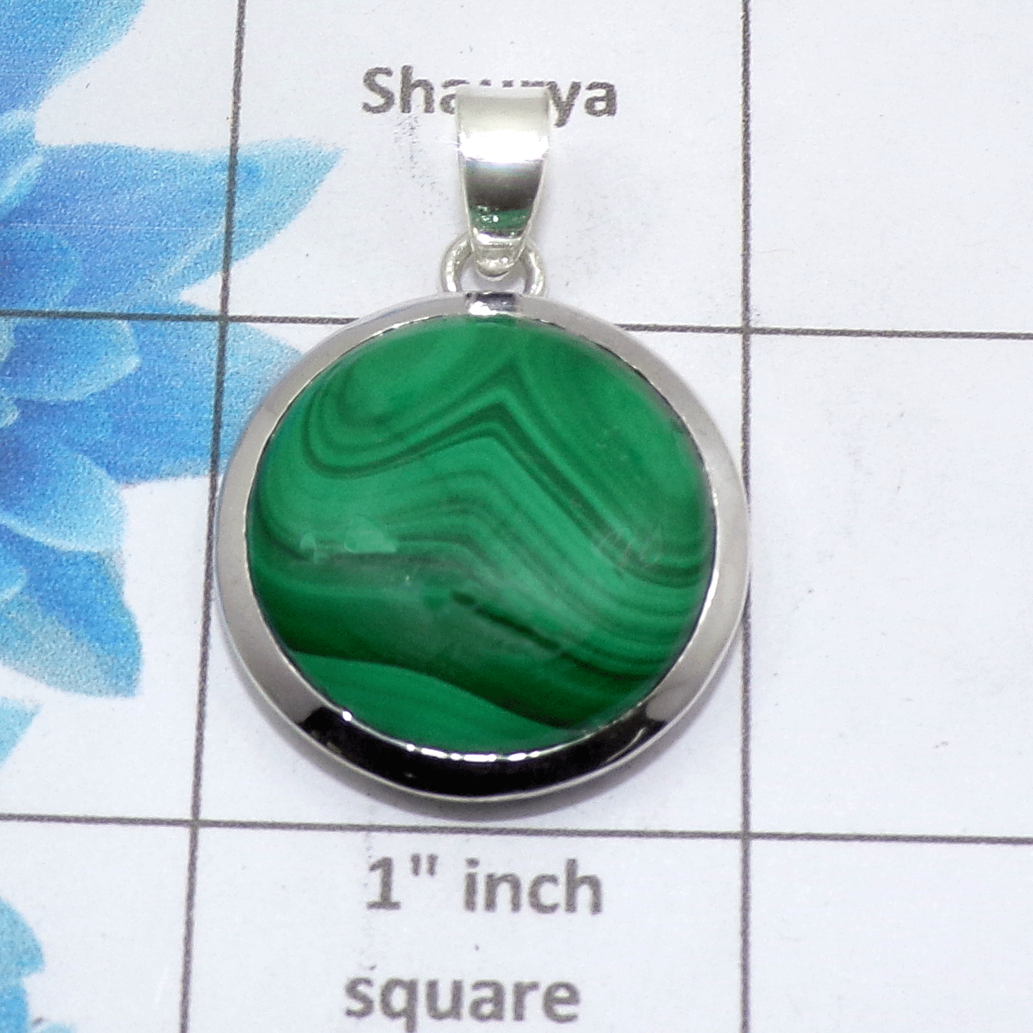 Natural Malachite Cab Pendant A - ISP503 - Round Shape Solid 925 Sterling Silver Plain Setting Pendant