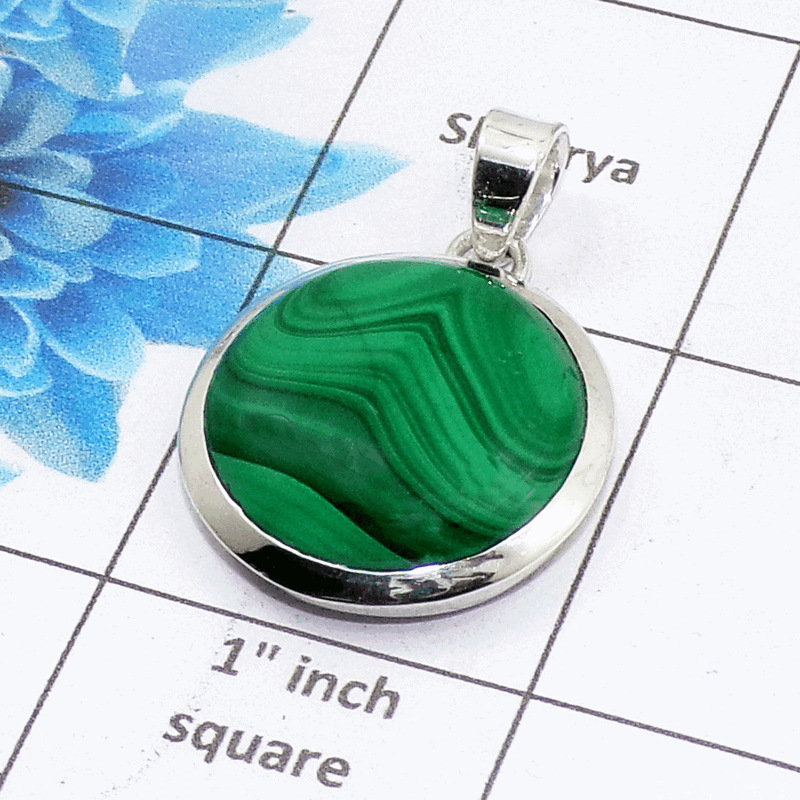 Natural Malachite Cab Pendant A - ISP503 - Round Shape Solid 925 Sterling Silver Plain Setting Pendant