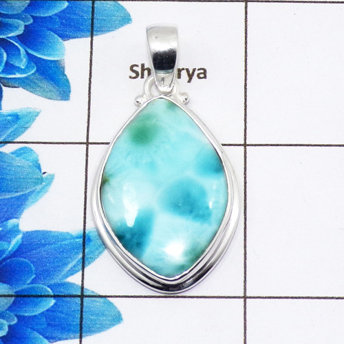 Natural Larimar Cab Pendant F - ISP508 - Stunning Natural Larimar Gemstone 925 Sterling Silver Plain Setting Pendant