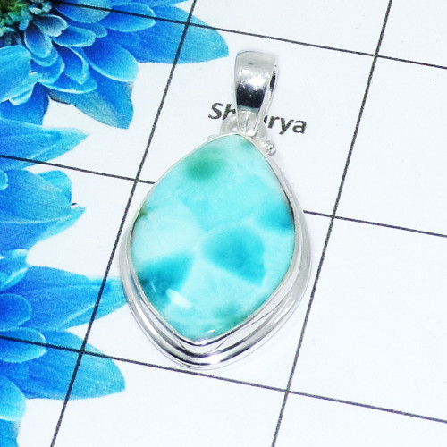 Natural Larimar Cab Pendant F - ISP508 - Stunning Natural Larimar Gemstone 925 Sterling Silver Plain Setting Pendant