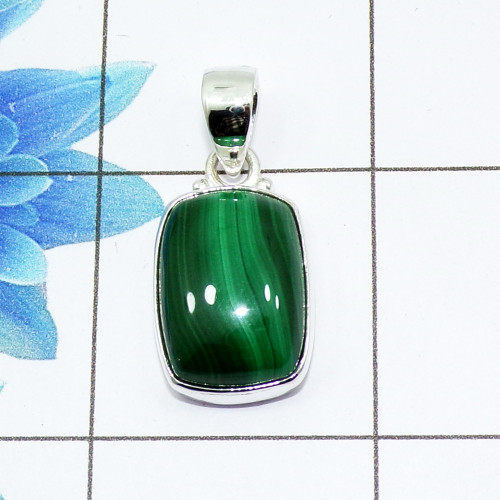 Malachite Cab Pendant D - ISP509 - Stunning Natural Malachite Gemstone 925 Sterling Silver Plain Setting Pendant