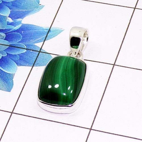 Malachite Cab Pendant D - ISP509 - Stunning Natural Malachite Gemstone 925 Sterling Silver Plain Setting Pendant