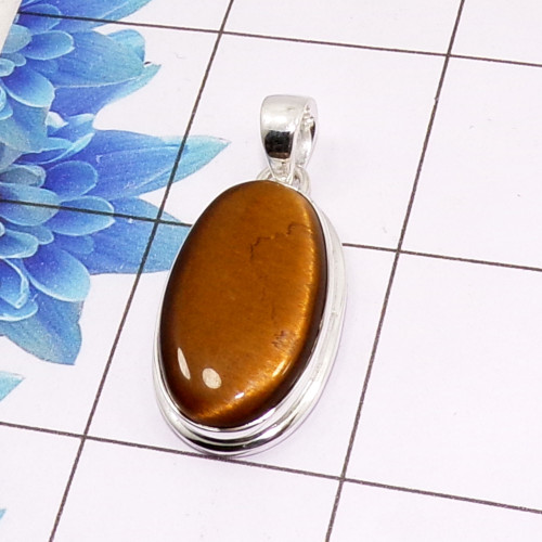 Tiger Eye Cab Pendant A - ISP510 - Stunning Natural Tiger Eye Gemstone 925 Sterling Silver Plain Setting Pendant