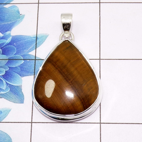 Tiger Eye Cab Pendant B - ISP510 - Stunning Natural Tiger Eye Gemstone 925 Sterling Silver Plain Setting Pendant