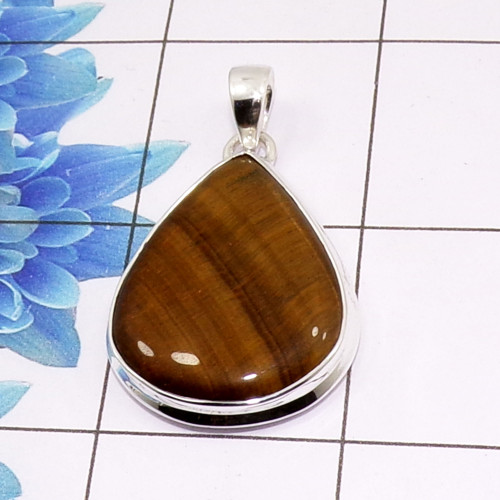 Tiger Eye Cab Pendant B - ISP510 - Stunning Natural Tiger Eye Gemstone 925 Sterling Silver Plain Setting Pendant