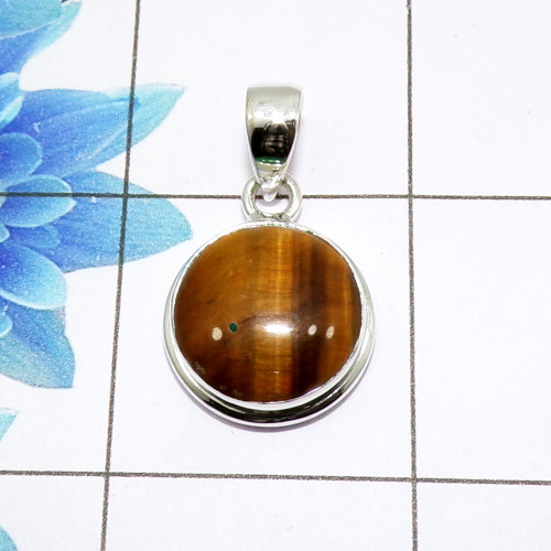 Tiger Eye Cab Pendant C - ISP510 - Stunning Natural Tiger Eye Gemstone 925 Sterling Silver Plain Setting Pendant