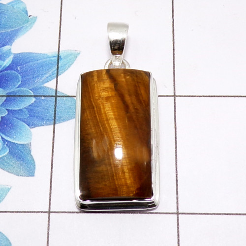 Tiger Eye Cab Pendant D - ISP510 - Stunning Natural Tiger Eye Gemstone 925 Sterling Silver Plain Setting Pendant