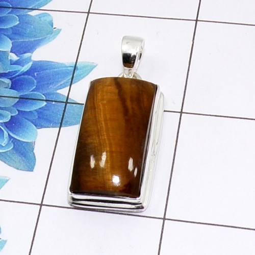 Tiger Eye Cab Pendant D - ISP510 - Stunning Natural Tiger Eye Gemstone 925 Sterling Silver Plain Setting Pendant