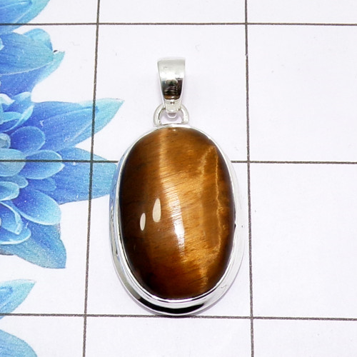 Tiger Eye Cab Pendant E - ISP510 - Stunning Natural Tiger Eye Gemstone 925 Sterling Silver Plain Setting Pendant