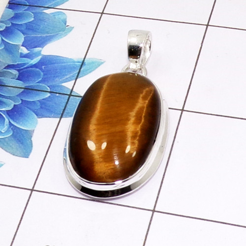 Tiger Eye Cab Pendant E - ISP510 - Stunning Natural Tiger Eye Gemstone 925 Sterling Silver Plain Setting Pendant