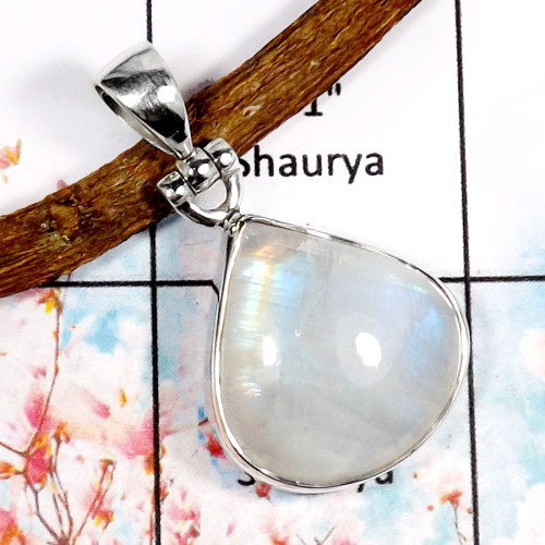 Rainbow Moonstone-G ISP518-Natural Cabochon Gemstone Handmade Plain Silver Pendant 925 Sterling Silver