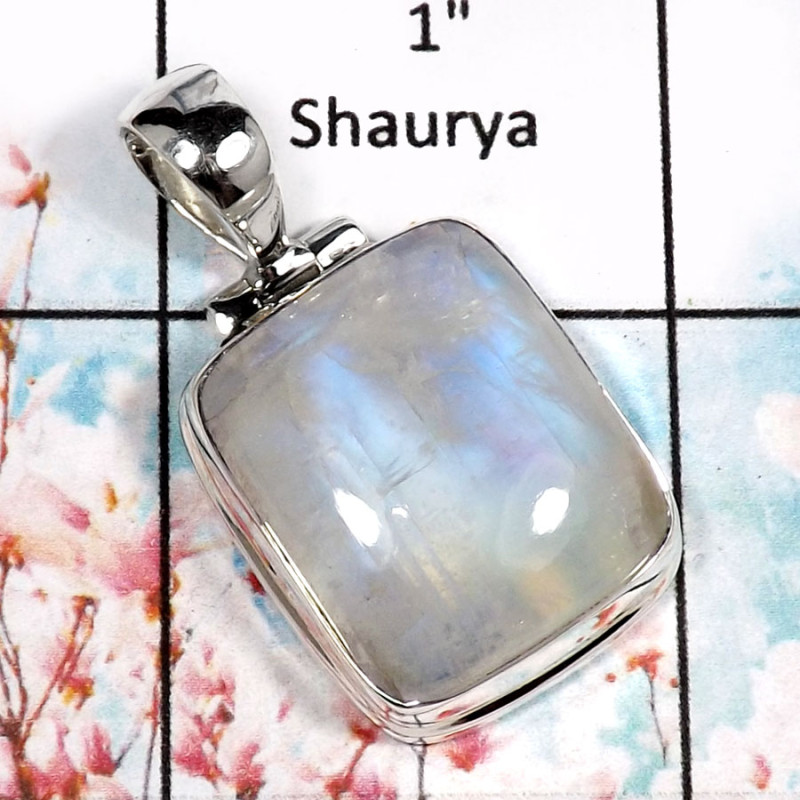 Rainbow Moonstone-K ISP518-Blue Fire Cabochon Gemstone Handmade Pendant 925 Sterling Silver