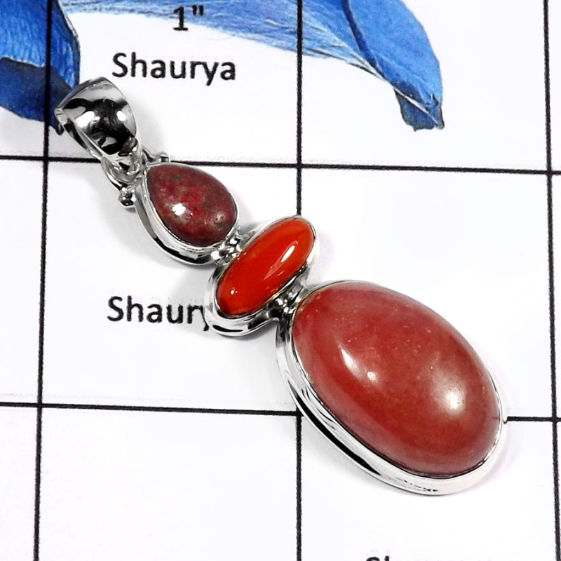 Rhodochrosite,Coral & Thulite-H ISP527-Elegant Three Stone Handmade Plain Pendant 925 Sterling Silver Rhodochrosite,Coral & Thulite-H ISP527-Elegant Three Stone Handmade Plain Pendant 925 Sterling Silver