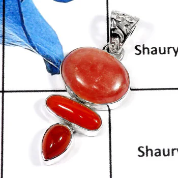 Rhodochrosite,Coral & Carnelian-L ISP527-Stunning Party Wear Handmade Plain Pendant 925 Sterling Silver Rhodochrosite,Coral & Carnelian-L ISP527-Stunning Party Wear Handmade Plain Pendant 925 Sterling Silver