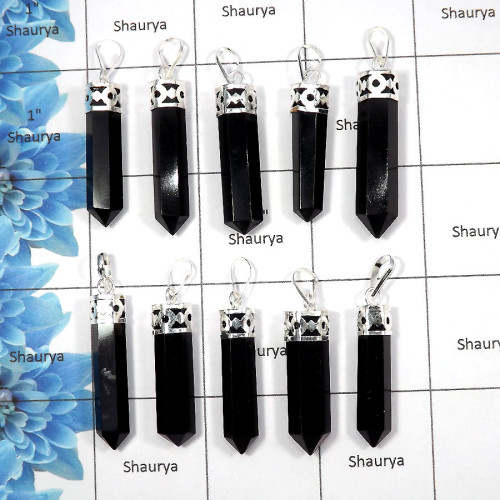 Black Obsidian - A - MTS999 - 10 Pcs White Metal-Non Silver Natural Black Obsidian Pencil Metaphysical Pendant Wholesale Lots