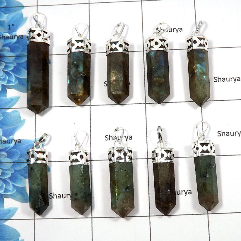 Labradorite - F - MTS999 - 10 Pcs Lots White Metal-Non Silver Metaphysical Pendants Natural Labradorite Pencil Wholesale Lots Labradorite - F - MTS999 - 10 Pcs Lots White Metal-Non Silver Metaphysical Pendants Natural Labradorite Pencil Wholesale Lots