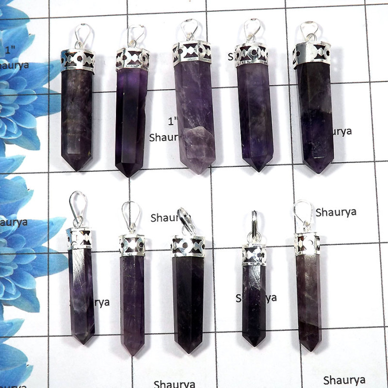 Amethyst - H - MTS999 - 10 Pcs Lots White Metal-Non Silver Newly Arrival Natural Purple Amethyst Pencil Metaphysical Pendants Amethyst - H - MTS999 - 10 Pcs Lots White Metal-Non Silver Newly Arrival Natural Purple Amethyst Pencil Metaphysical Pendants