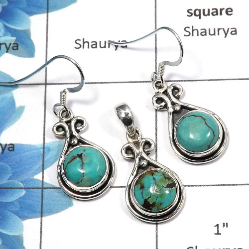 Tibet Turquoise Cab A - NDS953 - Tibet Turquoise Cab Gemstone Solid 925 Sterling Silver Earring Pendant Set