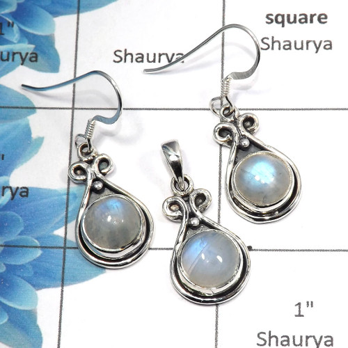 Rainbow Moonstone Cab B - NDS953 - Natural Rainbow Moonstone 9mm Round Cab Gemstone 925 Sterling Silver Earring Pendant Set