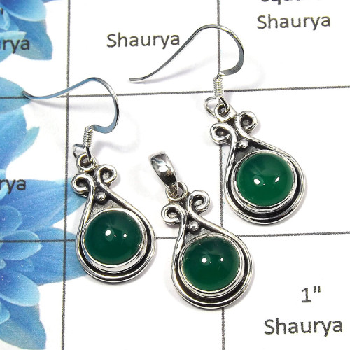 Green Onyx Cab E - NDS953 - Natural Green Onyx Cab Gemstone 925 Sterling Silver Earring Pendant Set Jewelry