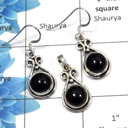 Black Onyx Cab G - NDS953 - Awesome Natural Black Onyx Cab Gemstone 925 Silver Earring Pendant Set Jewelry