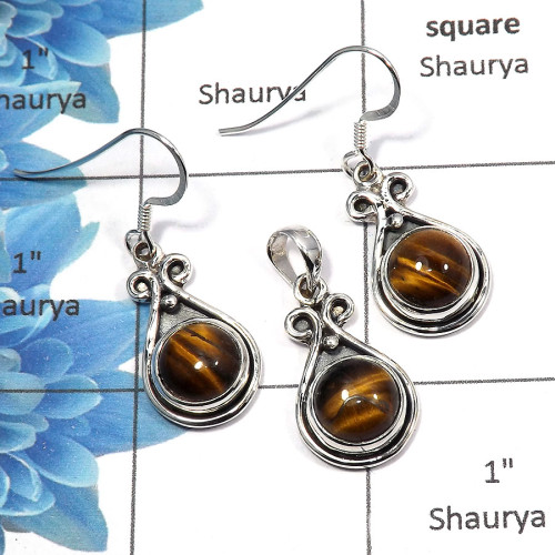 Tiger Eye Cab H - NDS953 - Solid 92.5% Sterling Silver Natural Brown Tiger Eye Gemstone Earring Pendant Set Jewelry