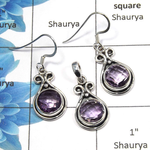 Amethyst Cut O - NDS953 - Indian Company Made Solid 925 Sterling Silver Earring Pendant Set Jewelry