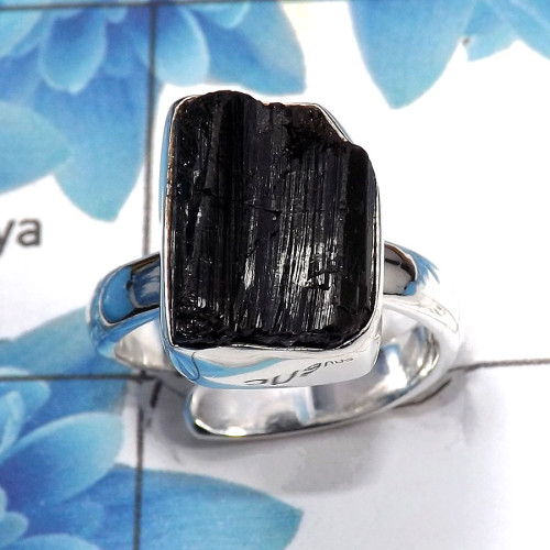 Black Tourmaline Rough B - NDS955 - Solid 925 Sterling Silver Natural Black Tourmaline Rough Adjustable Ring
