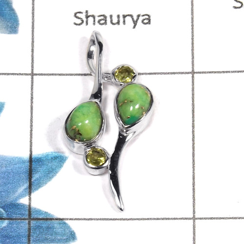 Green Copper Turquoise Cab & Peridot Cut B - NSP945 - Indian Company Made Solid 925 Sterling Silver Designer Pendant