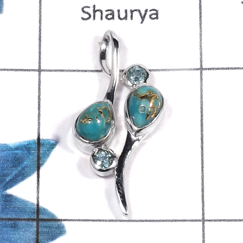 Blue Copper Turquoise Cab & Blue Topaz Cut D - NSP945 - Indian Factory Made Solid 925 Silver Designer Pendant Blue Copper Turquoise Cab & Blue Topaz Cut D - NSP945 - Indian Factory Made Solid 925 Silver Designer Pendant