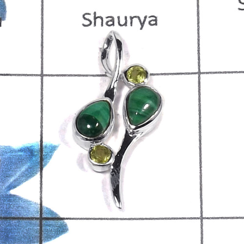 Malachite Cab & Peridot Cut E - NSP945 - Natural Green Malachite & Peridot Cut 925 Silver Designer Pendant