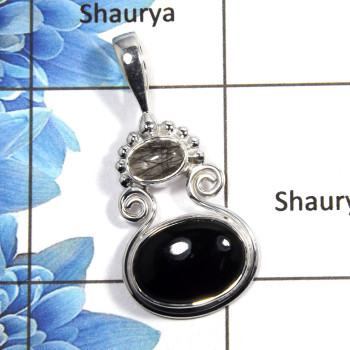 Black Onyx & Rutile Cab - A NSP990 - Natural Black Onyx & Rutile Cab Gemstone 925 Sterling Silver Designer Pendant