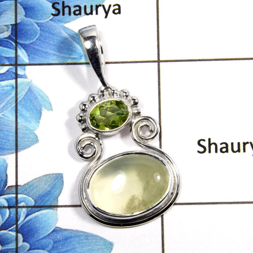 Prehnite Cab & Peridot Cut - C NSP990 - Awesome Natural Prehnite & Peridot Gemstone 925 Sterling Silver Designer Pendant