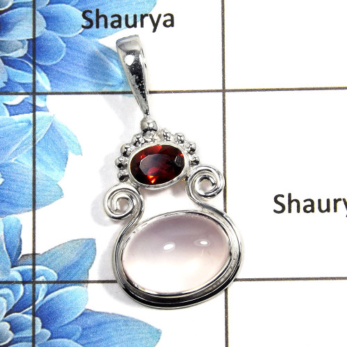 Rose Quartz Cab & Garnet Cut - E NSP990 - Natural Rose Quartz & Garnet Gemstone 925 Silver Designer Pendant