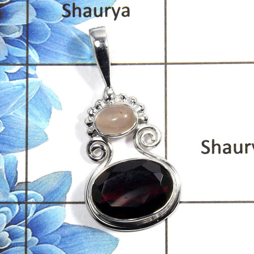 Rhodolite Garnet Cut & Rose Quartz Cab - K NSP990 - Indian Company Made Solid 925 Sterling Silver Designer PendantRhodolite Garn