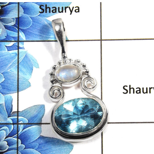 Blue Topaz Cut & Rainbow Moonstone Cab - L NSP990 - Natural Blue Topaz & Rainbow Moonstone 925 Silver Designer Pendant