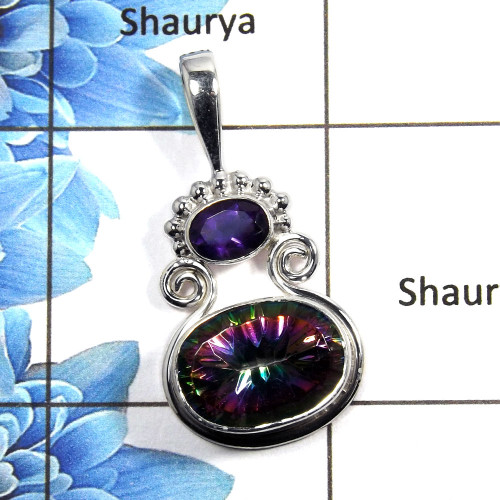 Mystic & Amethyst Cut - P NSP990 - Solid 92.5% Sterling Silver Natural Mystic & Amethyst Cut Gemstone Designer Pendant
